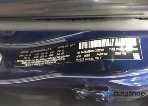 2017 Alfa Romeo Giulia Awd из США, поврежденный, VIN ZARFAEDN2H7552361